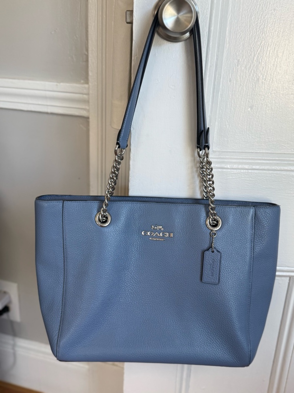 Coach Pebbled Leather Tote in Slate Blue with Chain Straps